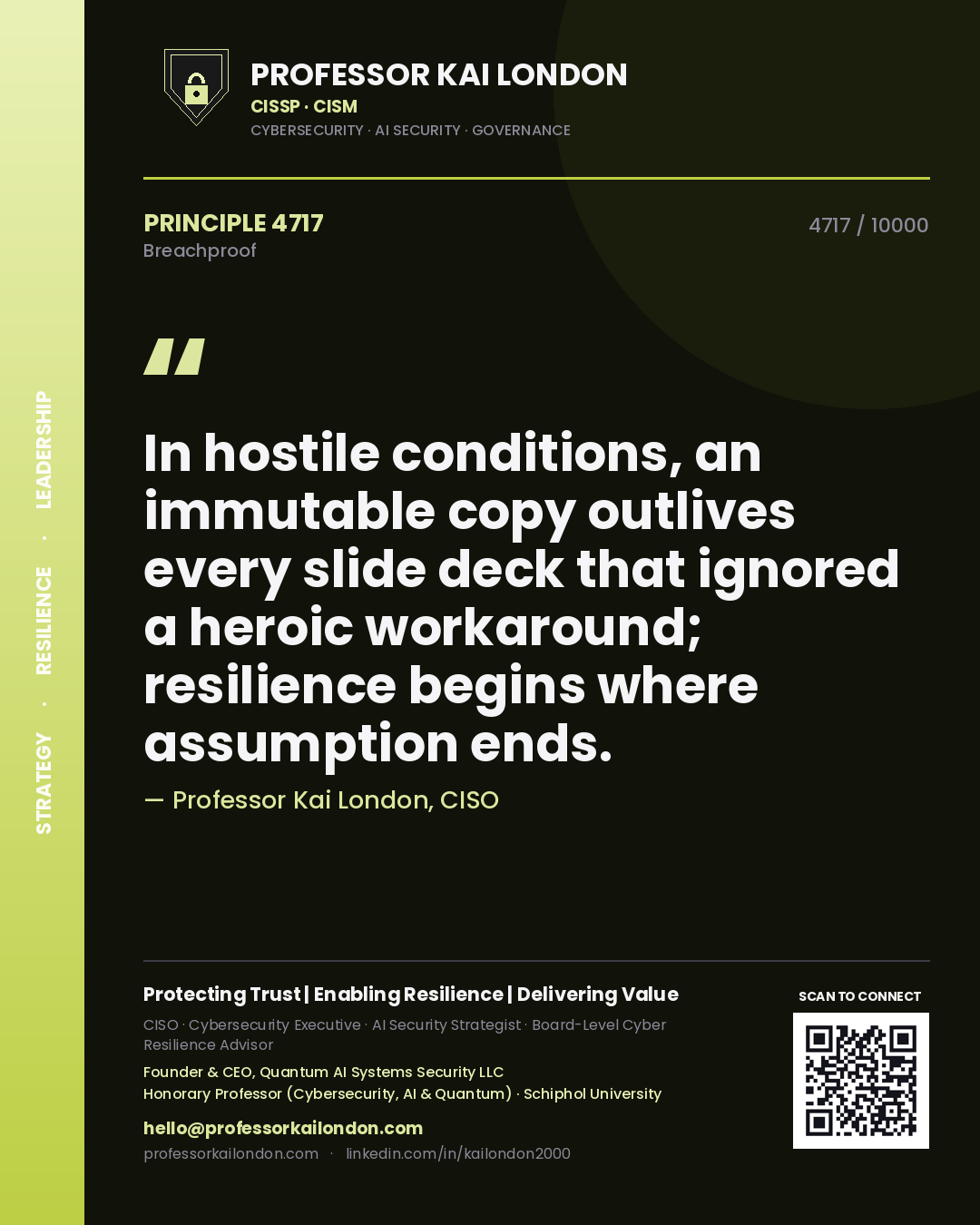 Quote card by Professor Kai London reading 'In hostile conditions, an immutable copy outlives every slide deck that ignored a heroic workaround; resilience begins where assumption ends.'. From the book Breachproof.