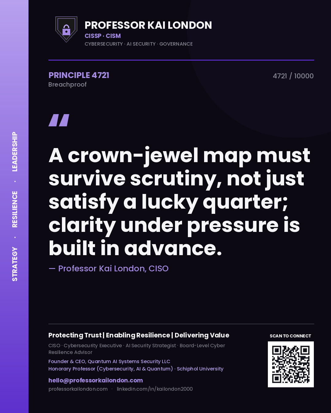 Professor Kai London principle 4721: A crown-jewel map must survive scrutiny, not just satisfy a lucky quarter; clarity under pressure is built in advance.