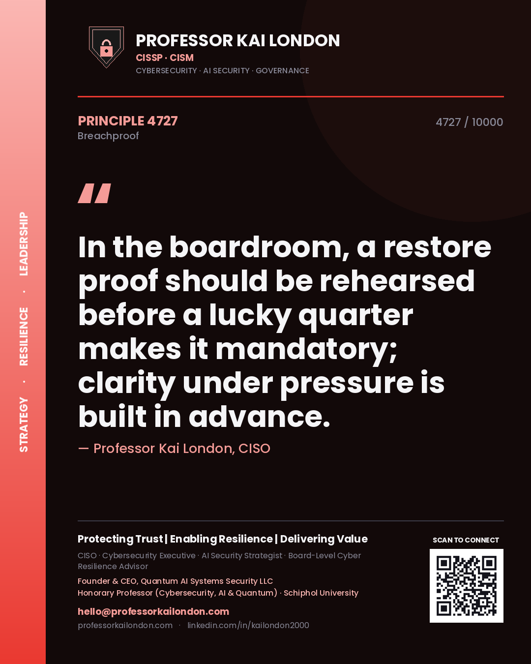 Quote card by Professor Kai London reading 'In the boardroom, a restore proof should be rehearsed before a lucky quarter makes it mandatory; clarity under pressure is built in advance.'. From the book Breachproof.