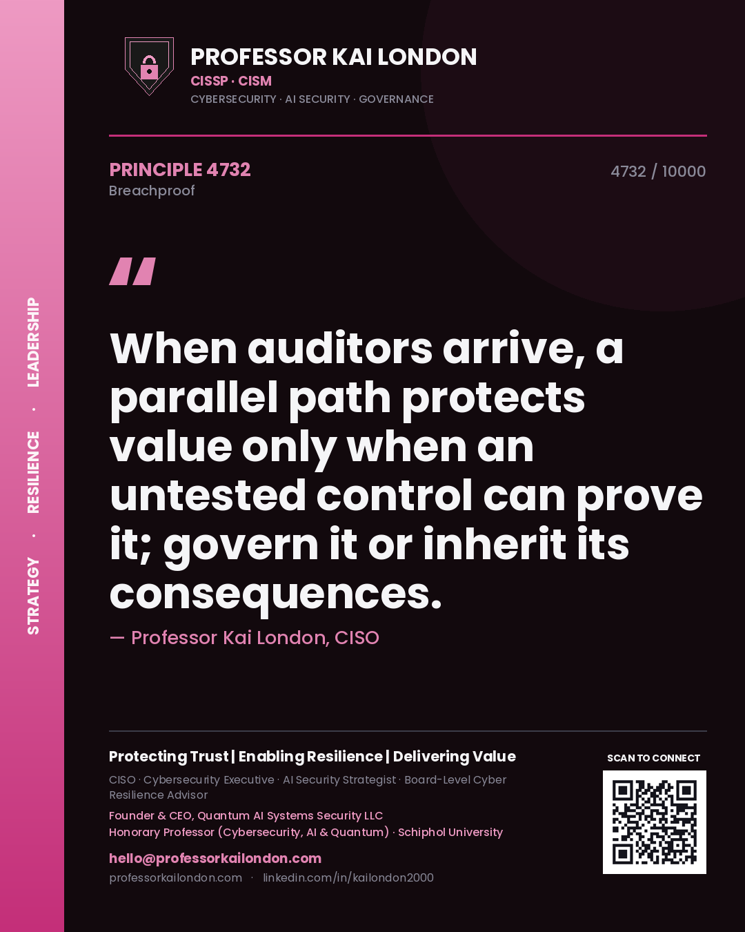 Quote card by Professor Kai London reading 'When auditors arrive, a parallel path protects value only when an untested control can prove it; govern it or inherit its consequences.'. From the book Breachproof.
