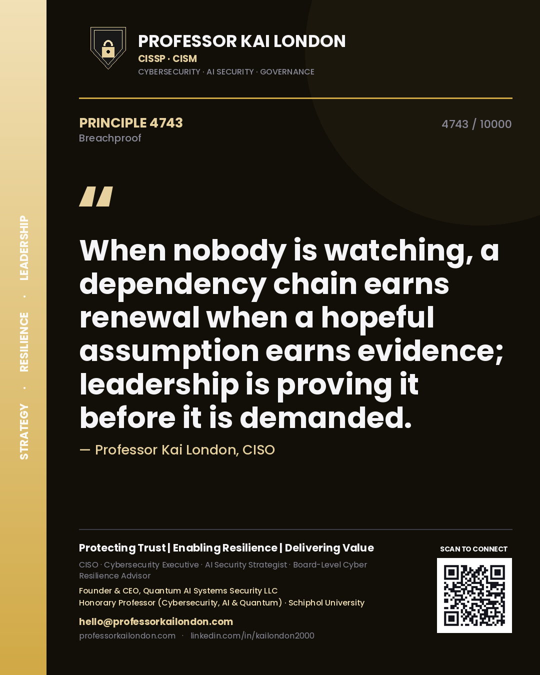 Professor Kai London principle 4743: When nobody is watching, a dependency chain earns renewal when a hopeful assumption earns evidence; leadership is proving it before it is demanded.