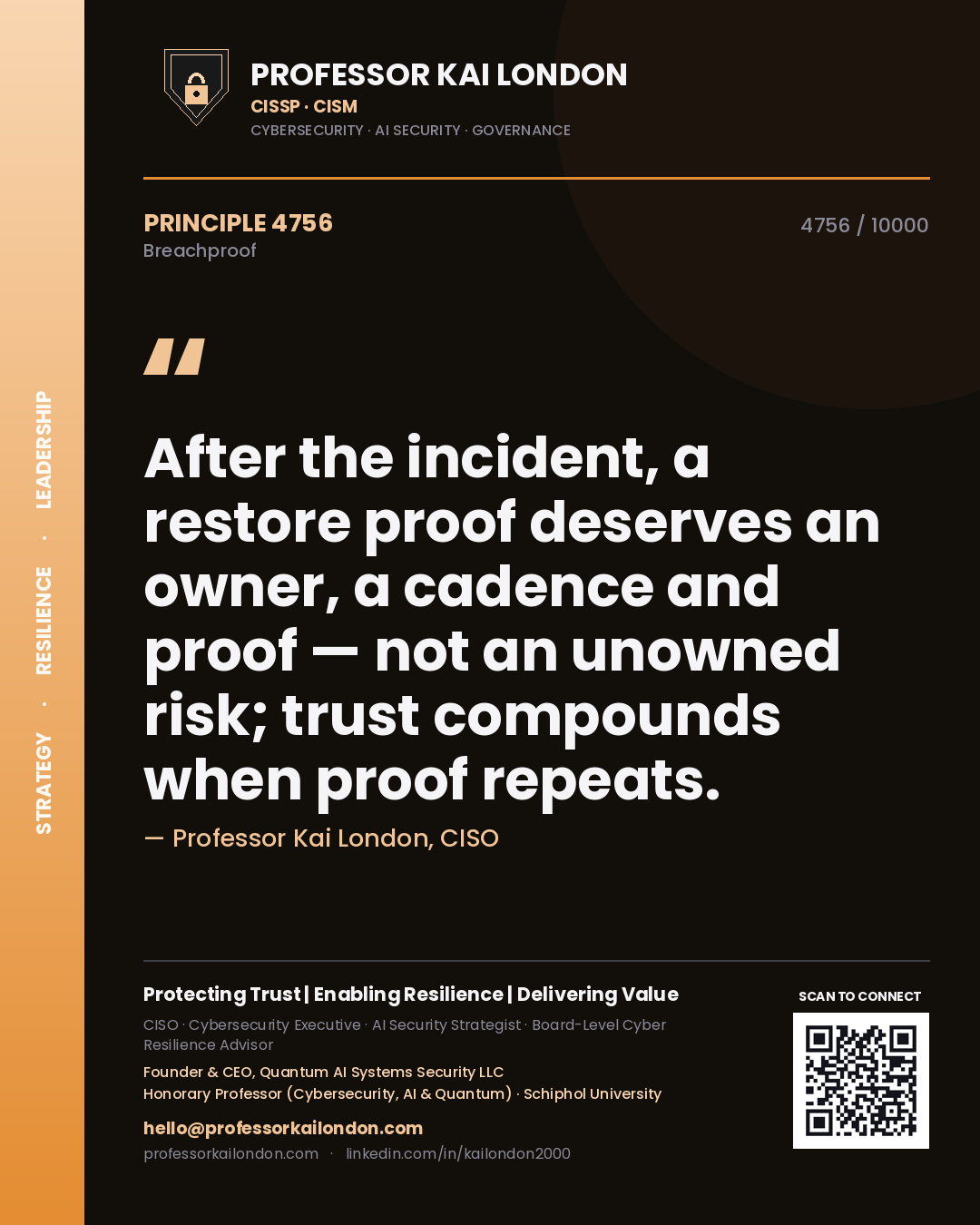 Quote card by Professor Kai London reading 'After the incident, a restore proof deserves an owner, a cadence and proof — not an unowned risk; trust compounds when proof repeats.'. From the book Breachproof.