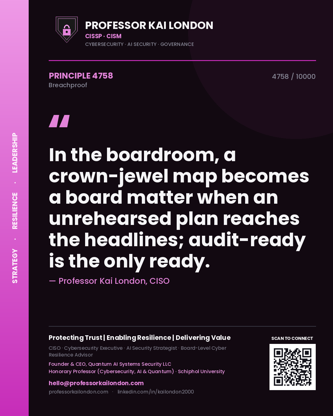 Professor Kai London principle 4758: In the boardroom, a crown-jewel map becomes a board matter when an unrehearsed plan reaches the headlines; audit-ready is the only ready.