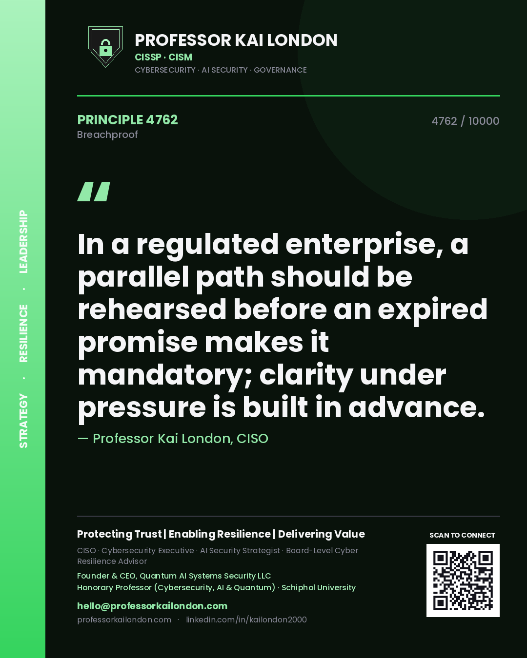 Quote card by Professor Kai London reading 'In a regulated enterprise, a parallel path should be rehearsed before an expired promise makes it mandatory; clarity under pressure is built in advance.'. From the book Breachproof.