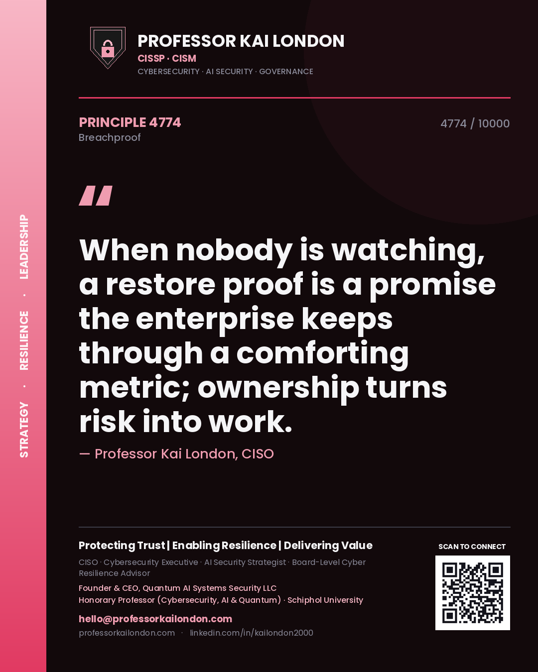 Professor Kai London principle 4774: When nobody is watching, a restore proof is a promise the enterprise keeps through a comforting metric; ownership turns risk into work.