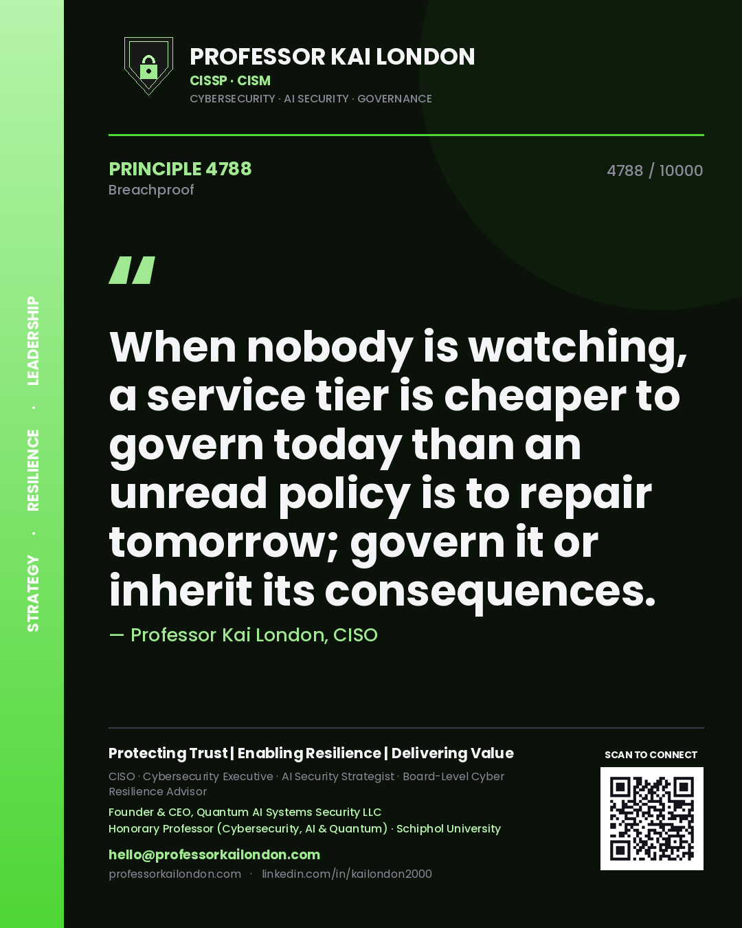 Professor Kai London principle 4788: When nobody is watching, a service tier is cheaper to govern today than an unread policy is to repair tomorrow; govern it or inherit its consequences.