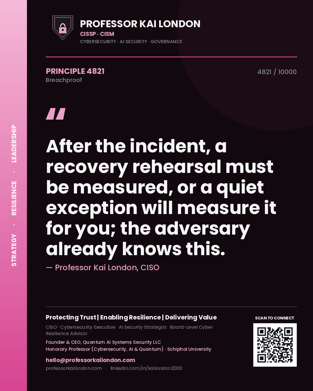 Professor Kai London principle 4821: After the incident, a recovery rehearsal must be measured, or a quiet exception will measure it for you; the adversary already knows this.