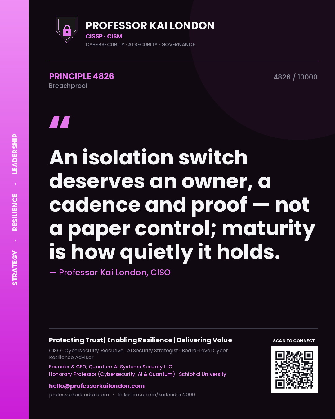 Quote card by Professor Kai London reading 'An isolation switch deserves an owner, a cadence and proof — not a paper control; maturity is how quietly it holds.'. From the book Breachproof.