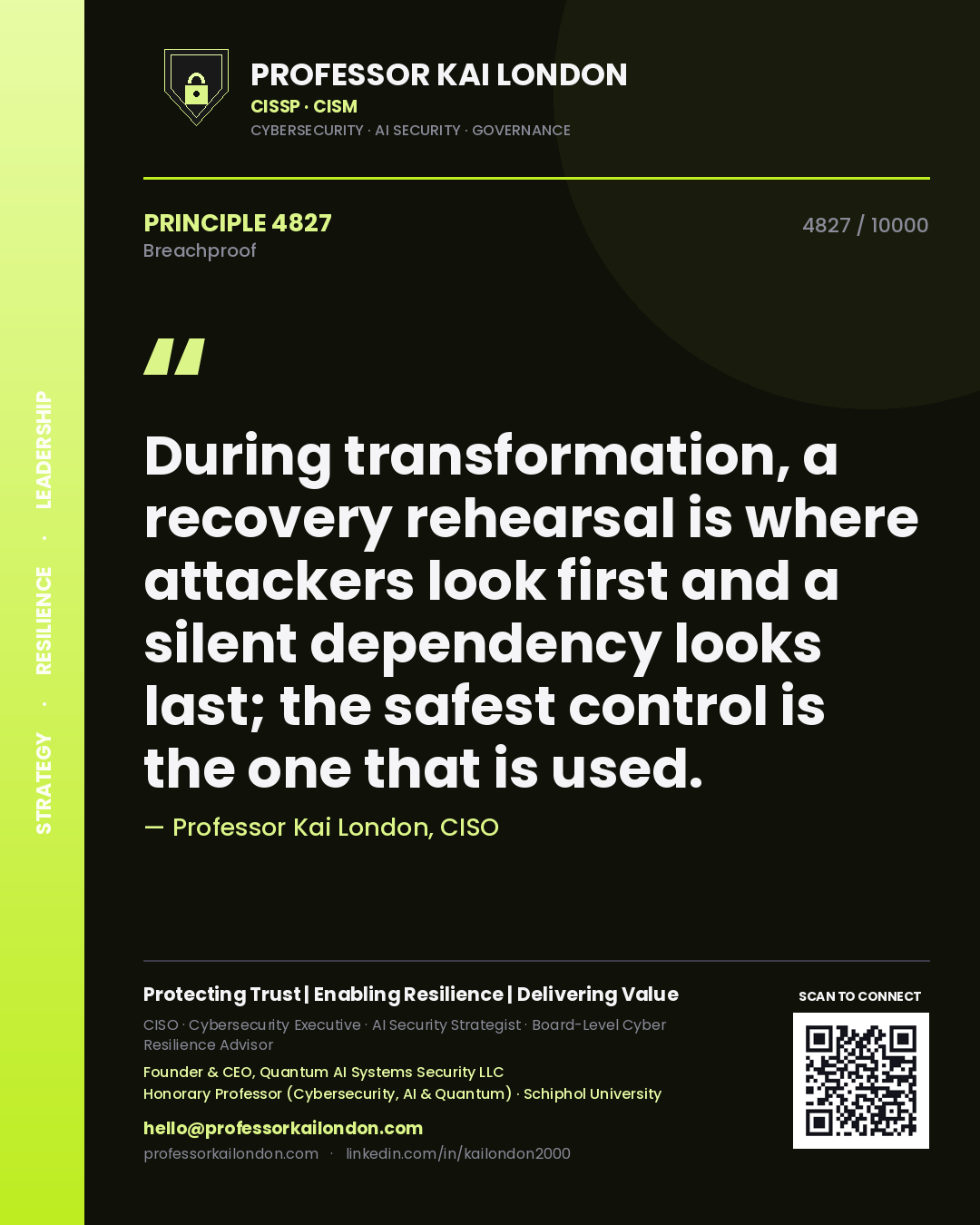 Professor Kai London principle 4827: During transformation, a recovery rehearsal is where attackers look first and a silent dependency looks last; the safest control is the one that is used.