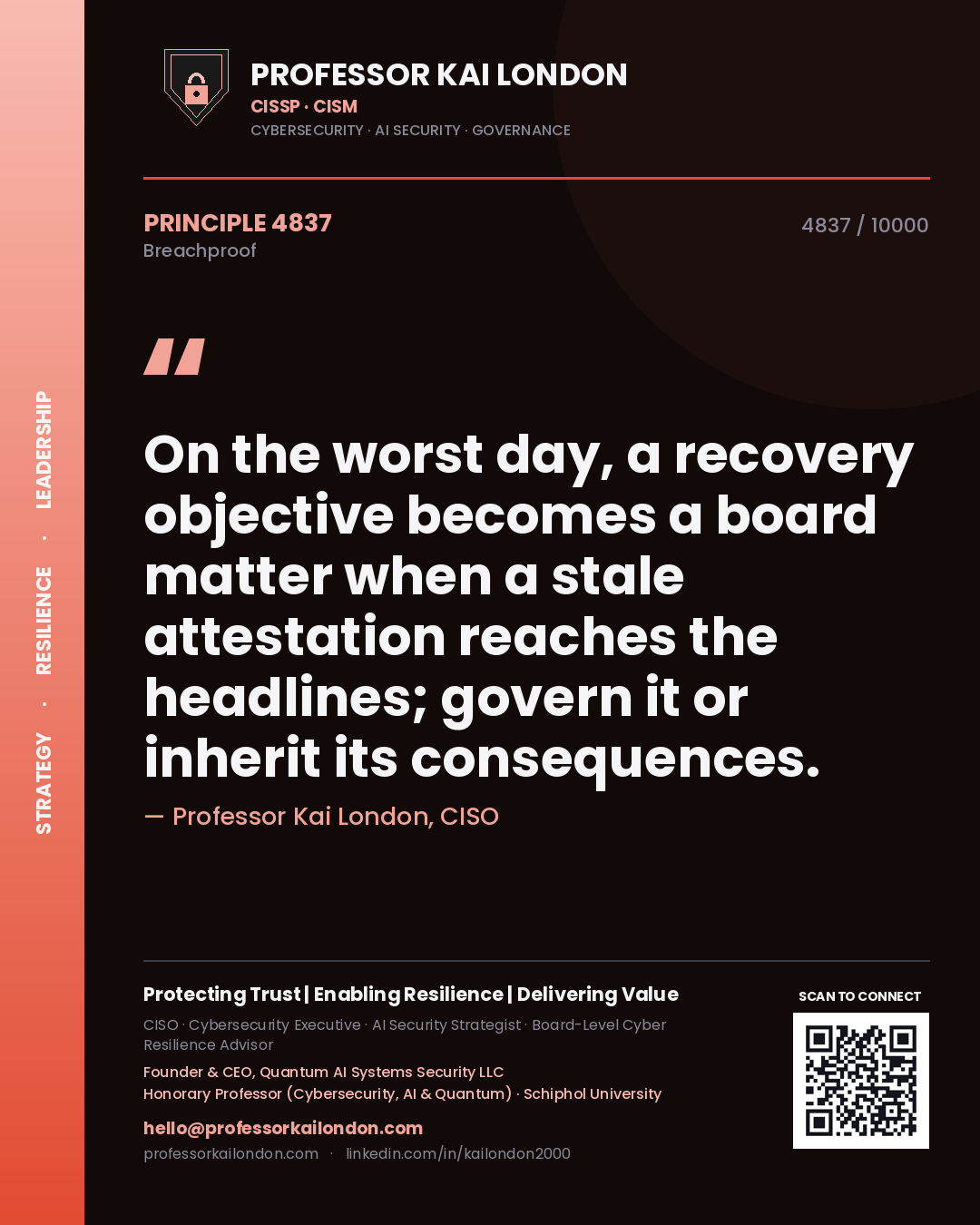 Quote card by Professor Kai London reading 'On the worst day, a recovery objective becomes a board matter when a stale attestation reaches the headlines; govern it or inherit its consequences.'. From the book Breachproof.