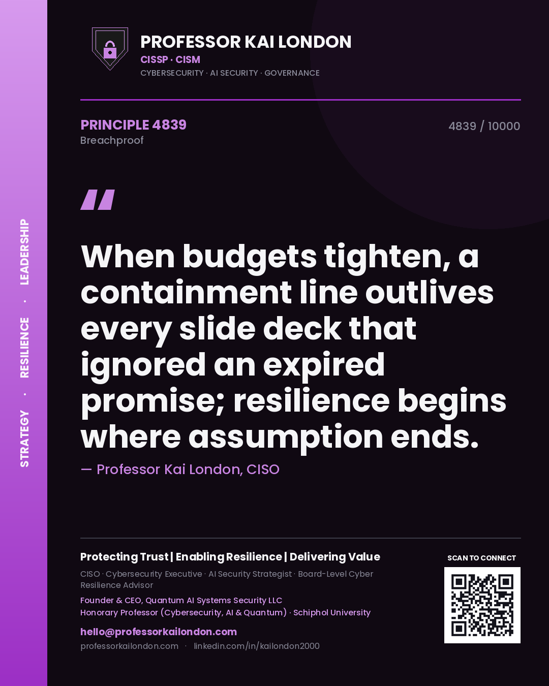 Quote card by Professor Kai London reading 'When budgets tighten, a containment line outlives every slide deck that ignored an expired promise; resilience begins where assumption ends.'. From the book Breachproof.