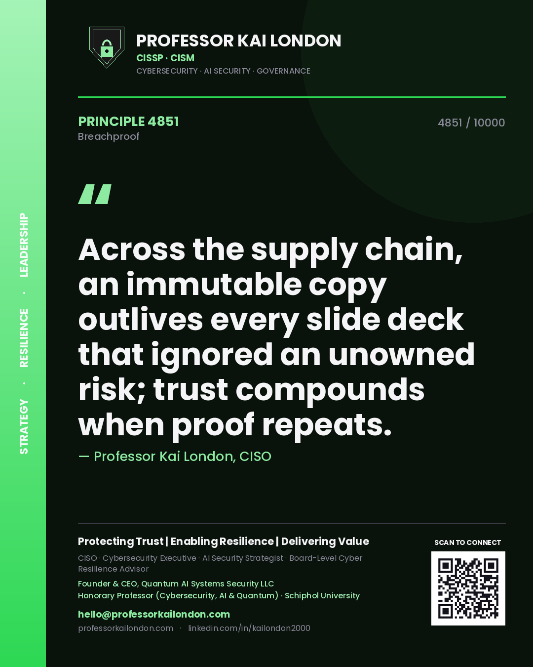 Professor Kai London principle 4851: Across the supply chain, an immutable copy outlives every slide deck that ignored an unowned risk; trust compounds when proof repeats.