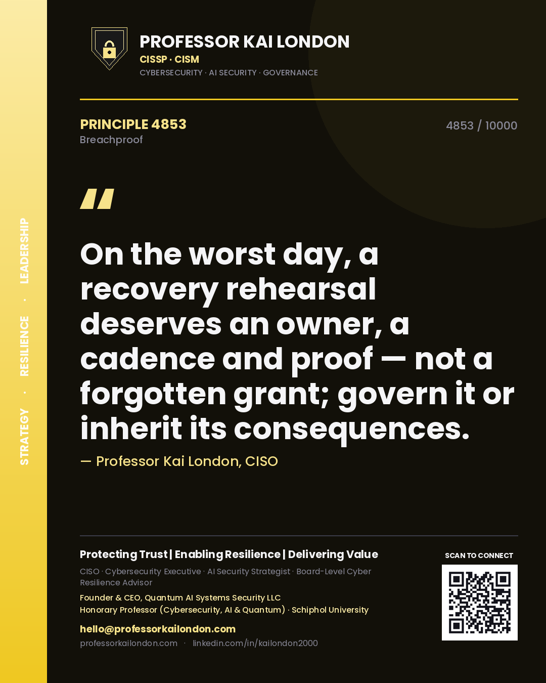 Professor Kai London principle 4853: On the worst day, a recovery rehearsal deserves an owner, a cadence and proof — not a forgotten grant; govern it or inherit its consequences.