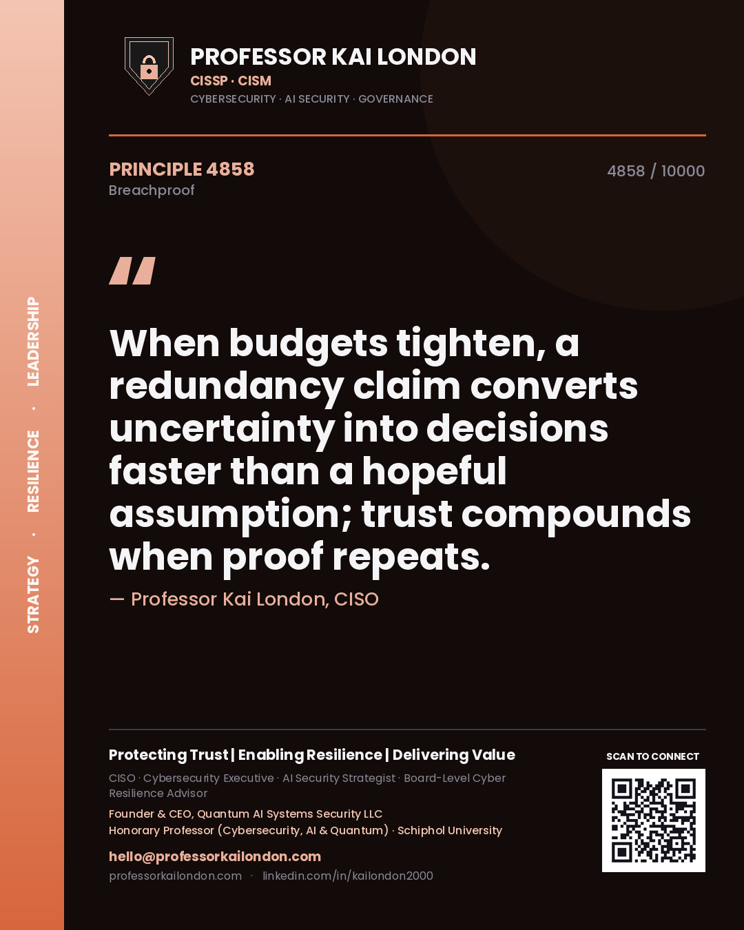 Quote card by Professor Kai London reading 'When budgets tighten, a redundancy claim converts uncertainty into decisions faster than a hopeful assumption; trust compounds when proof repeats.'. From the book Breachproof.