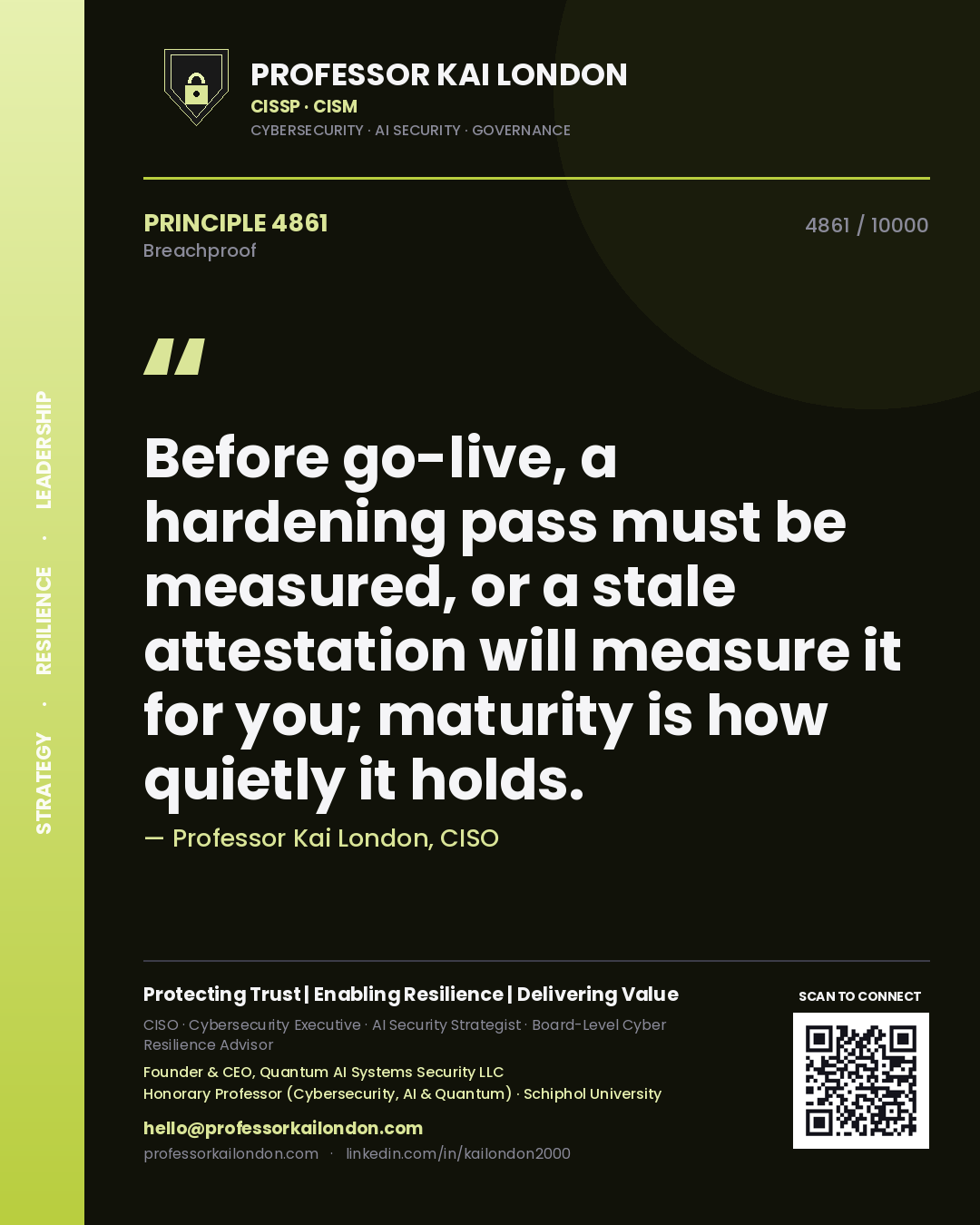 Professor Kai London principle 4861: Before go-live, a hardening pass must be measured, or a stale attestation will measure it for you; maturity is how quietly it holds.