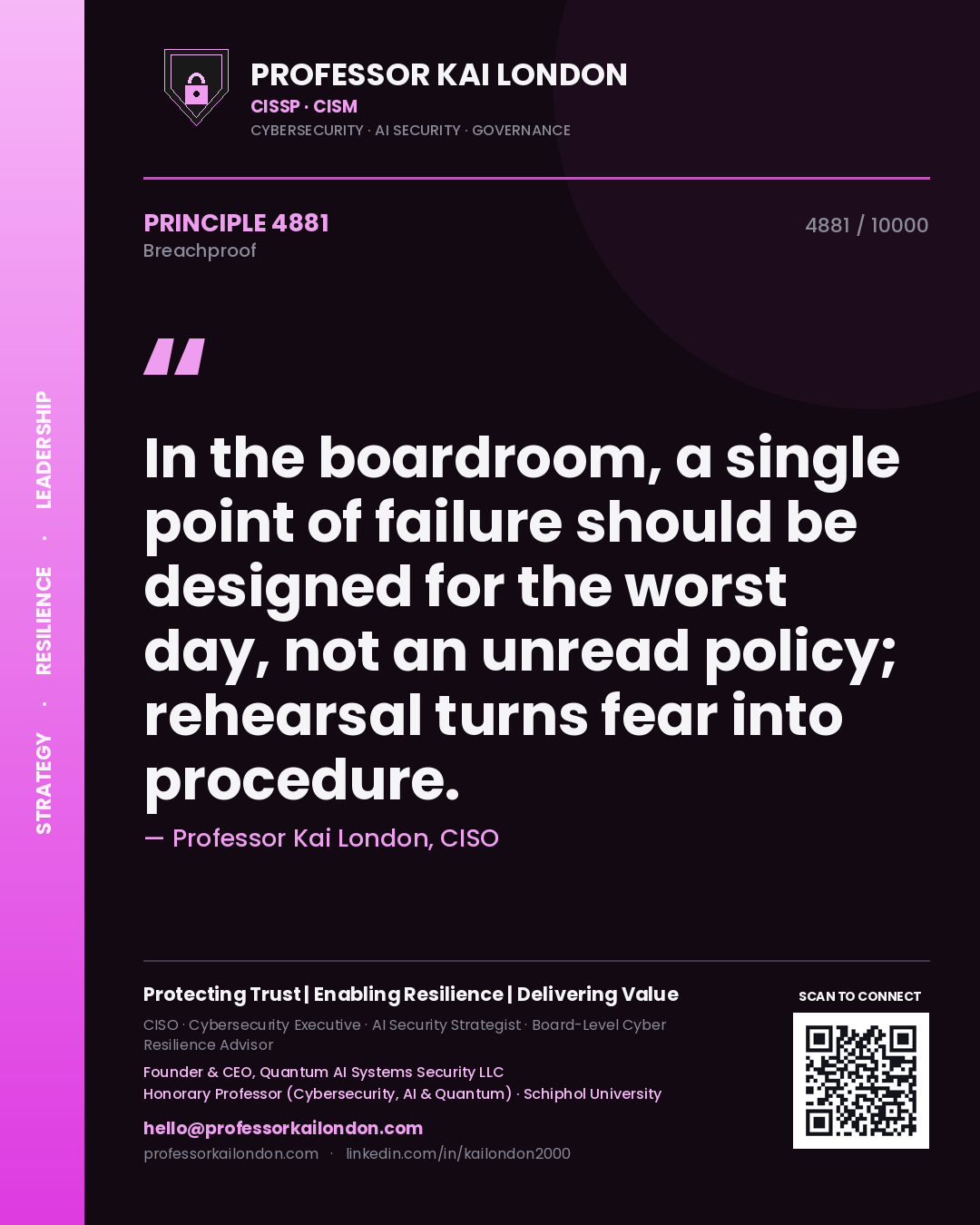 Professor Kai London principle 4881: In the boardroom, a single point of failure should be designed for the worst day, not an unread policy; rehearsal turns fear into procedure.