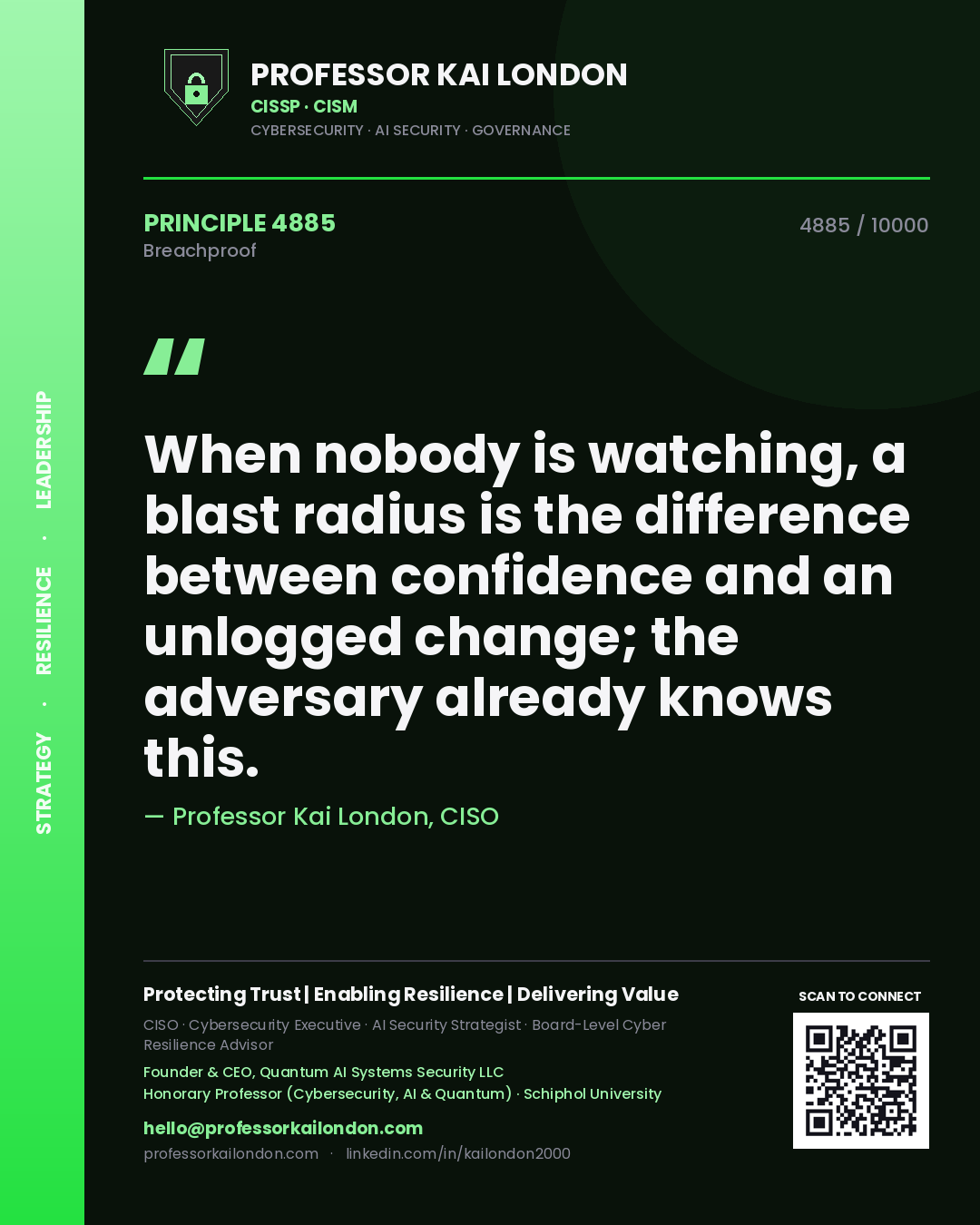 Quote card by Professor Kai London reading 'When nobody is watching, a blast radius is the difference between confidence and an unlogged change; the adversary already knows this.'. From the book Breachproof.