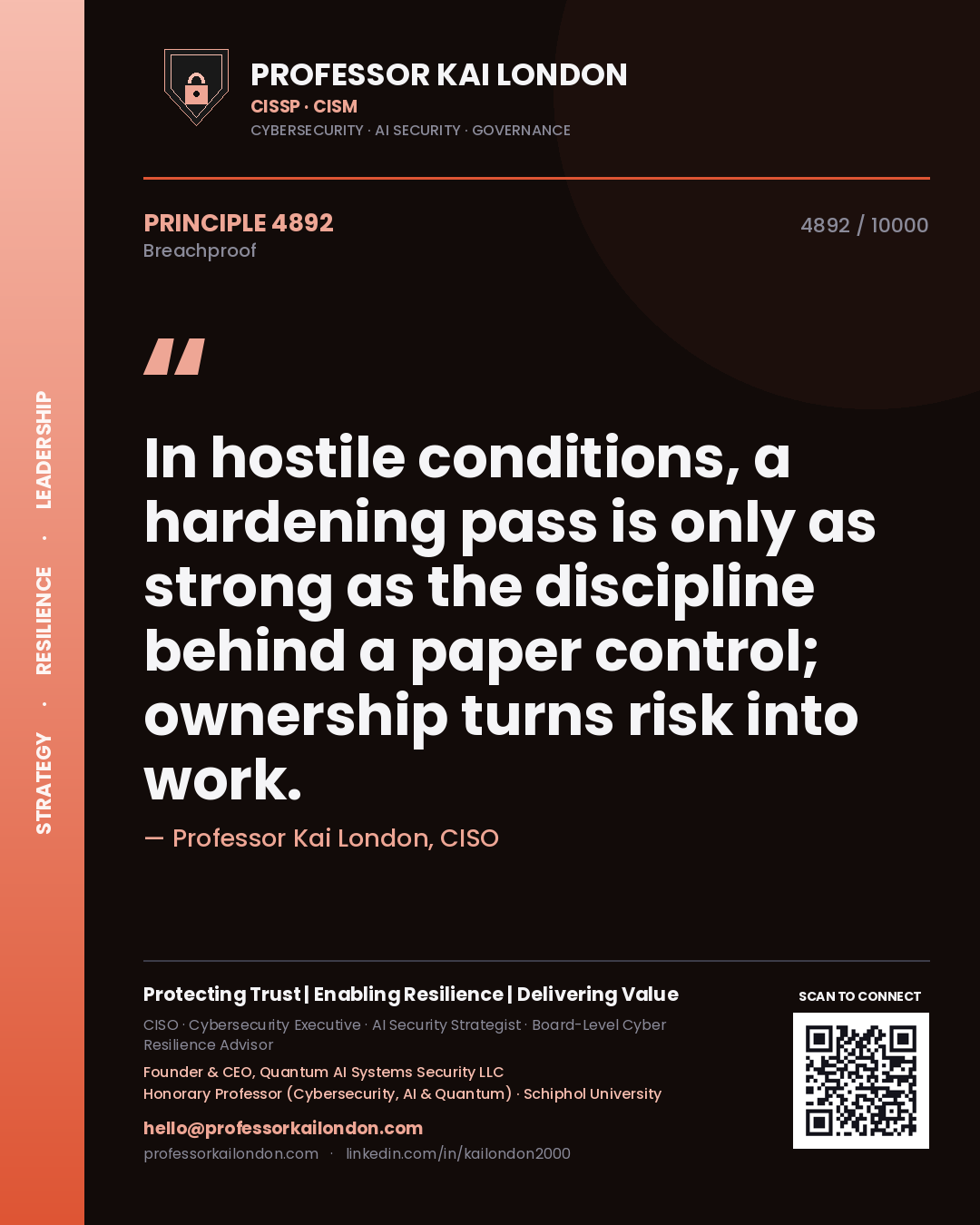 Professor Kai London principle 4892: In hostile conditions, a hardening pass is only as strong as the discipline behind a paper control; ownership turns risk into work.