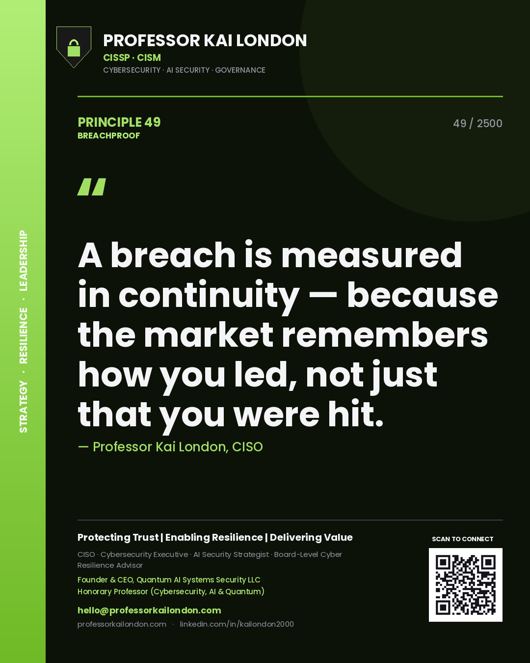 Professor Kai London principle 49: A breach is measured in continuity — because the market remembers how you led, not just that you were hit.