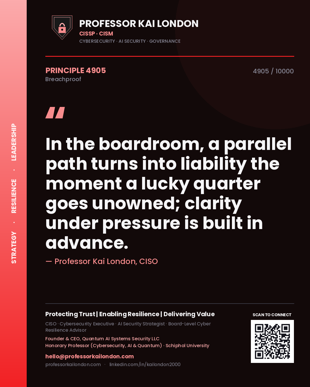 Quote card by Professor Kai London reading 'In the boardroom, a parallel path turns into liability the moment a lucky quarter goes unowned; clarity under pressure is built in advance.'. From the book Breachproof.