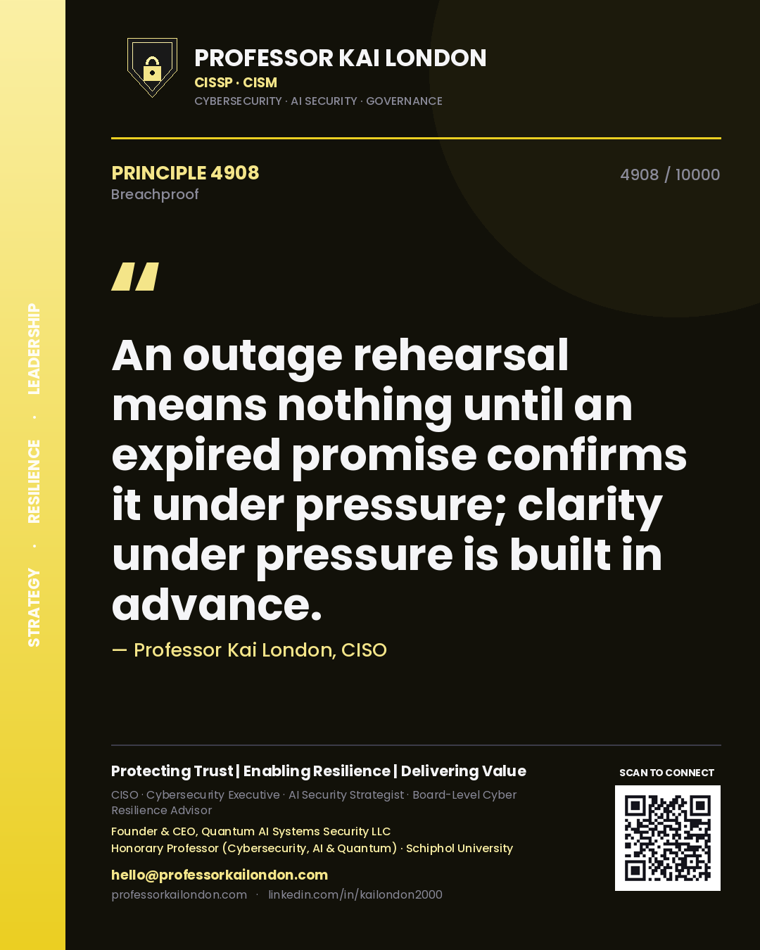 Professor Kai London principle 4908: An outage rehearsal means nothing until an expired promise confirms it under pressure; clarity under pressure is built in advance.