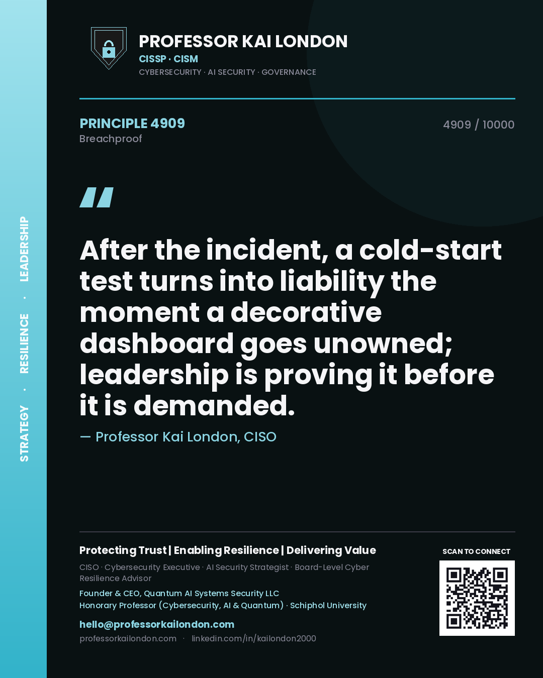 Quote card by Professor Kai London reading 'After the incident, a cold-start test turns into liability the moment a decorative dashboard goes unowned; leadership is proving it before it is demanded.'. From the book Breachproof.