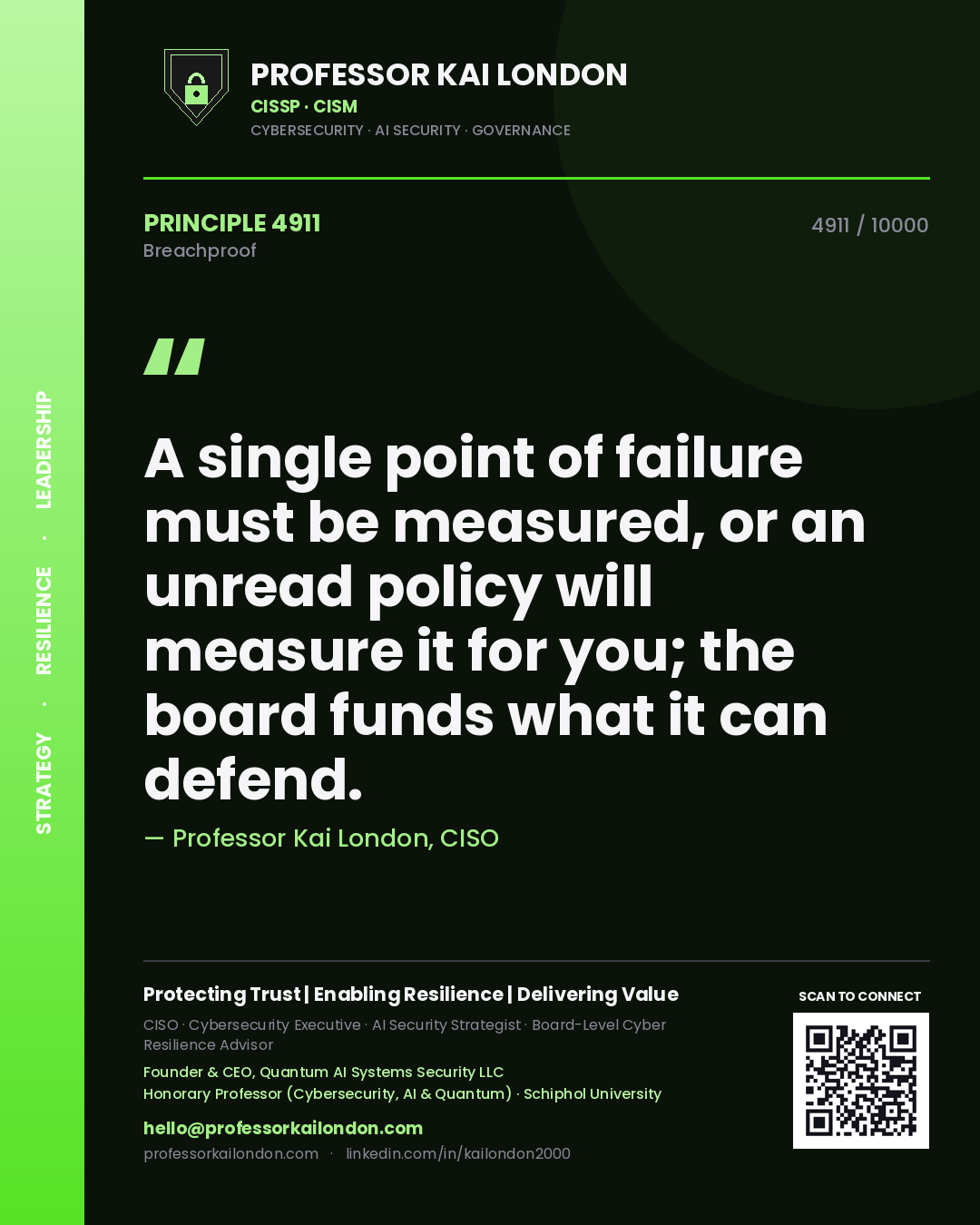 Quote card by Professor Kai London reading 'A single point of failure must be measured, or an unread policy will measure it for you; the board funds what it can defend.'. From the book Breachproof.