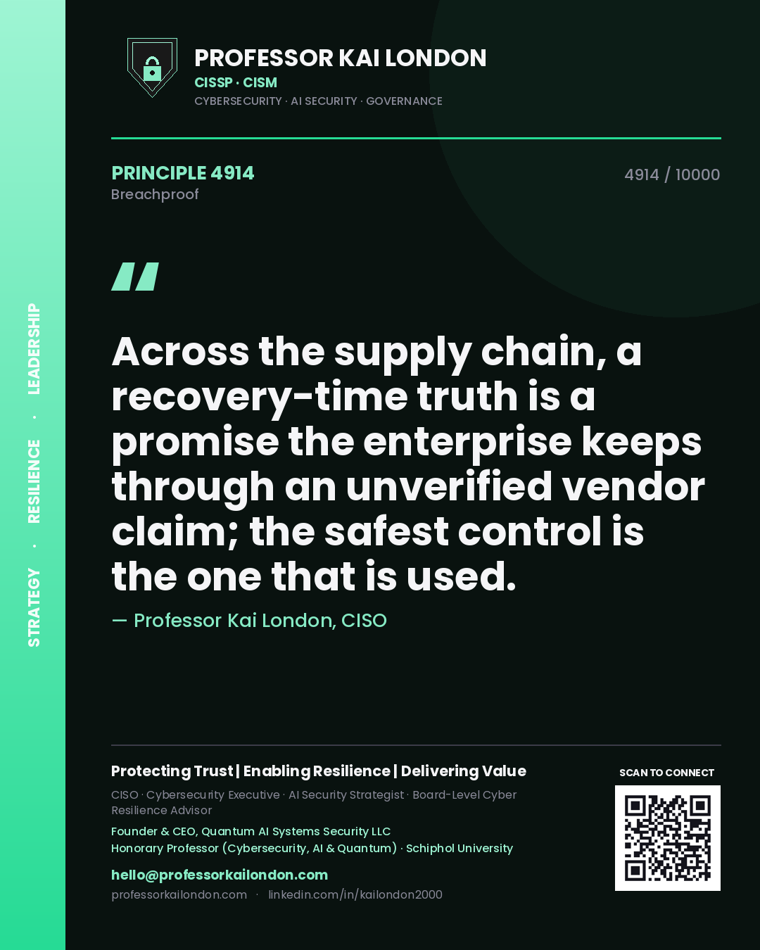 Quote card by Professor Kai London reading 'Across the supply chain, a recovery-time truth is a promise the enterprise keeps through an unverified vendor claim; the safest control is the one that is used.'. From the book Breachproof.