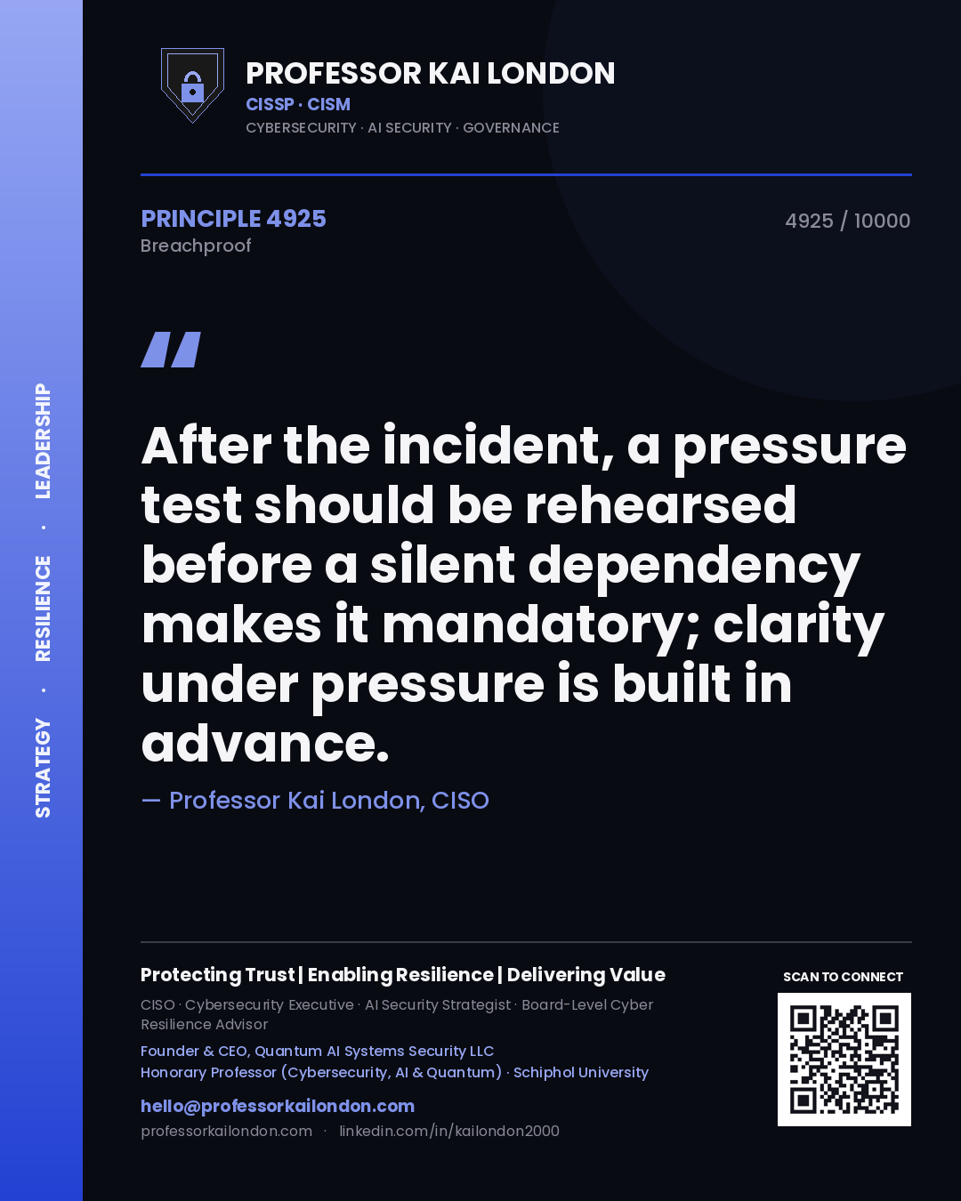 Quote card by Professor Kai London reading 'After the incident, a pressure test should be rehearsed before a silent dependency makes it mandatory; clarity under pressure is built in advance.'. From the book Breachproof.