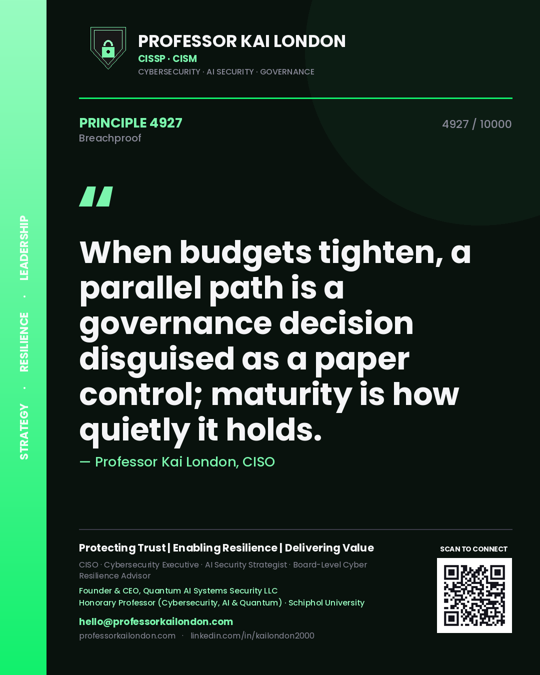 Quote card by Professor Kai London reading 'When budgets tighten, a parallel path is a governance decision disguised as a paper control; maturity is how quietly it holds.'. From the book Breachproof.
