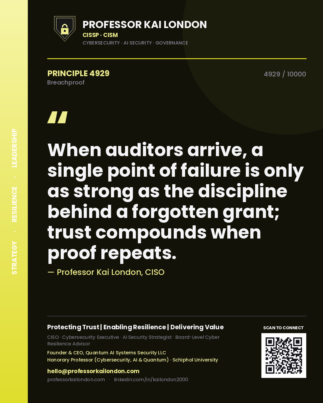 Quote card by Professor Kai London reading 'When auditors arrive, a single point of failure is only as strong as the discipline behind a forgotten grant; trust compounds when proof repeats.'. From the book Breachproof.