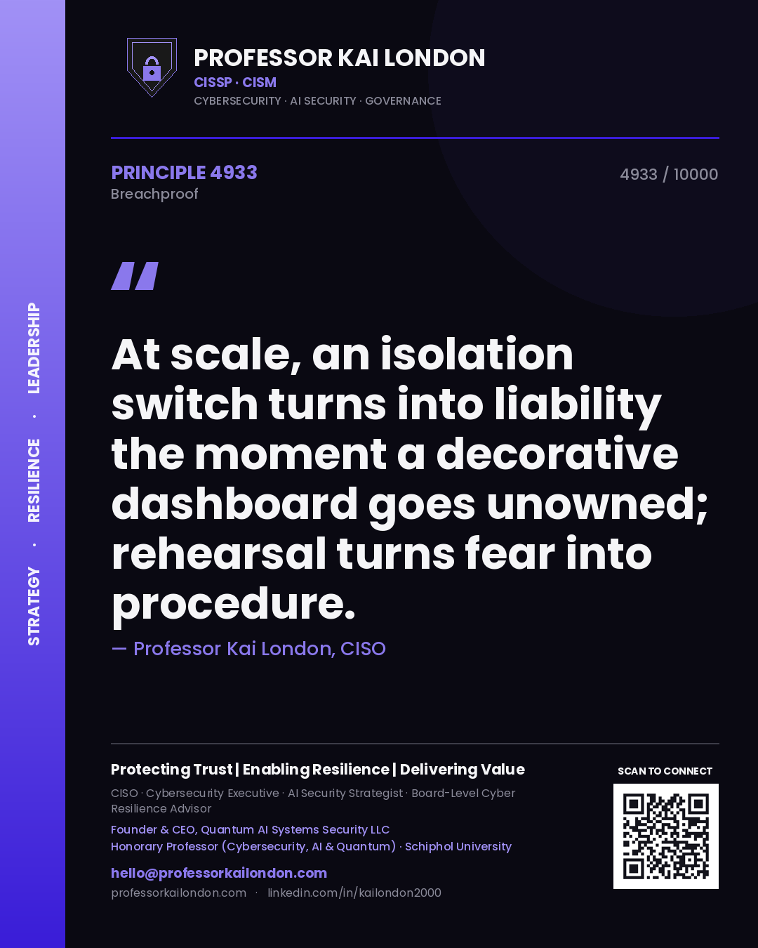 Quote card by Professor Kai London reading 'At scale, an isolation switch turns into liability the moment a decorative dashboard goes unowned; rehearsal turns fear into procedure.'. From the book Breachproof.
