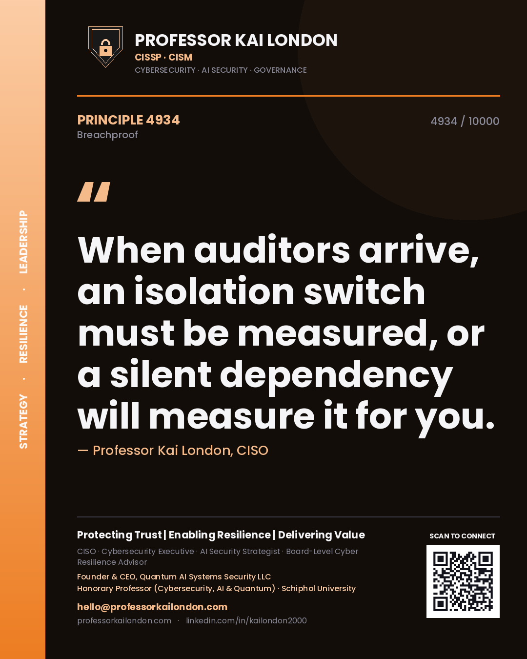 Quote card by Professor Kai London reading 'When auditors arrive, an isolation switch must be measured, or a silent dependency will measure it for you.'. From the book Breachproof.