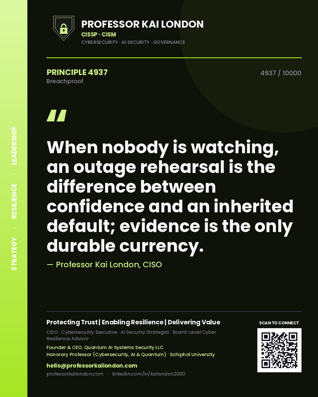Quote card by Professor Kai London reading 'When nobody is watching, an outage rehearsal is the difference between confidence and an inherited default; evidence is the only durable currency.'. From the book Breachproof.