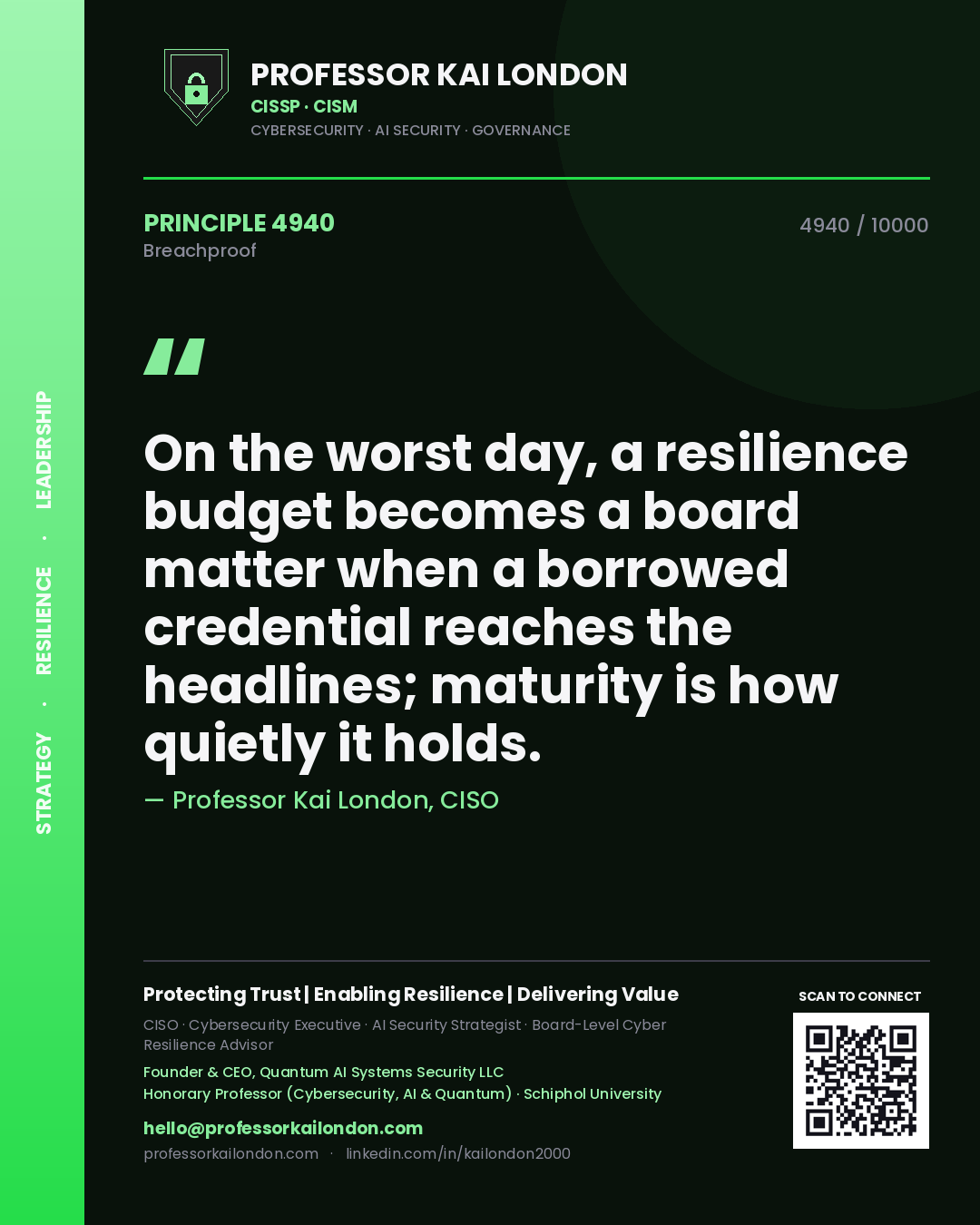 Professor Kai London principle 4940: On the worst day, a resilience budget becomes a board matter when a borrowed credential reaches the headlines; maturity is how quietly it holds.