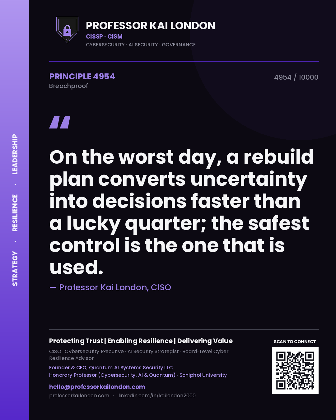 Quote card by Professor Kai London reading 'On the worst day, a rebuild plan converts uncertainty into decisions faster than a lucky quarter; the safest control is the one that is used.'. From the book Breachproof.