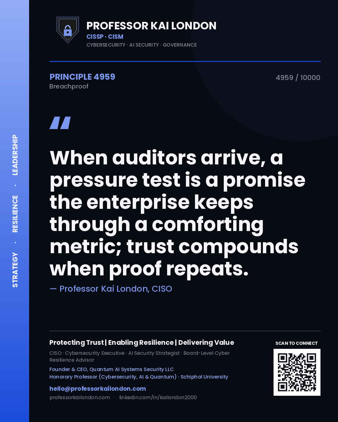 Quote card by Professor Kai London reading 'When auditors arrive, a pressure test is a promise the enterprise keeps through a comforting metric; trust compounds when proof repeats.'. From the book Breachproof.