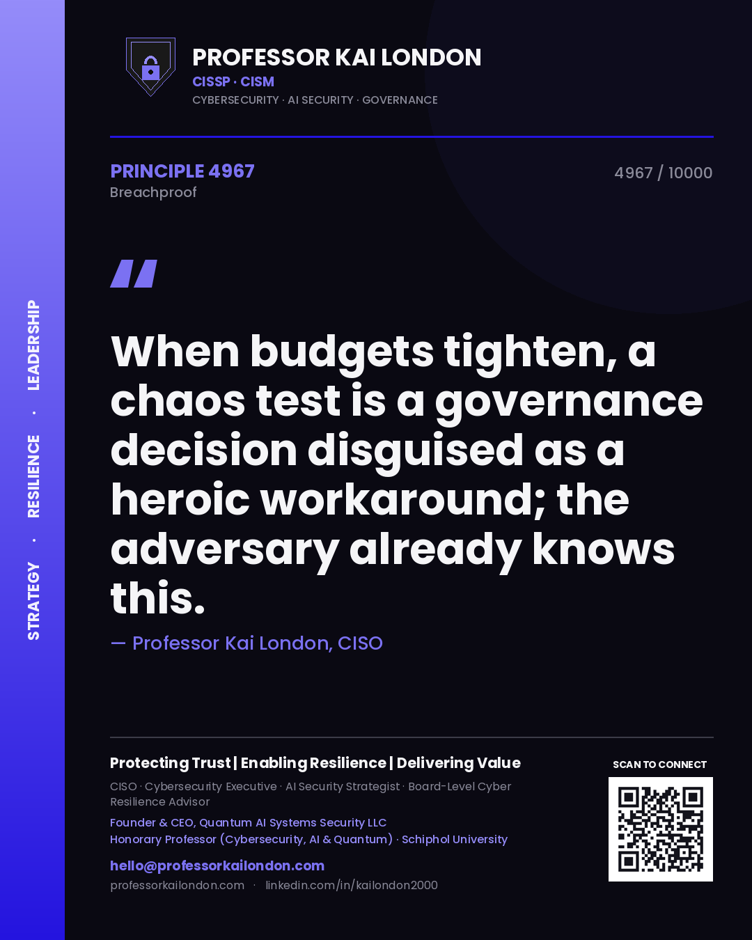 Quote card by Professor Kai London reading 'When budgets tighten, a chaos test is a governance decision disguised as a heroic workaround; the adversary already knows this.'. From the book Breachproof.