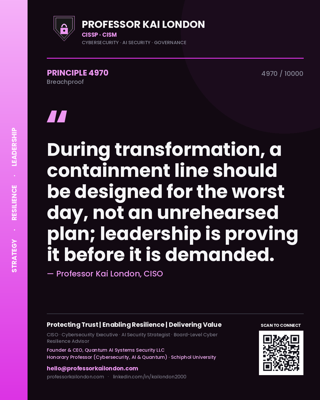 Quote card by Professor Kai London reading 'During transformation, a containment line should be designed for the worst day, not an unrehearsed plan; leadership is proving it before it is demanded.'. From the book Breachproof.