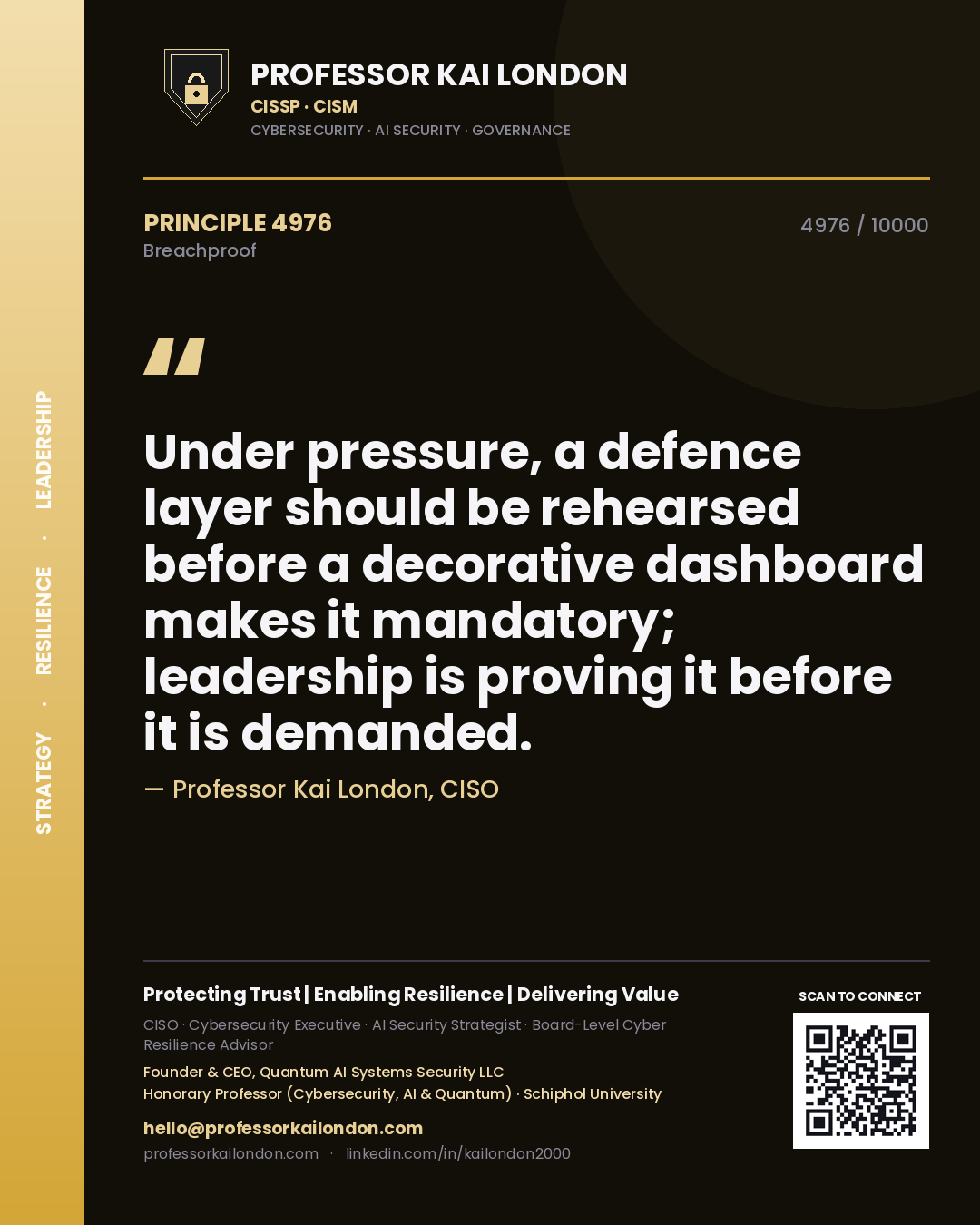 Quote card by Professor Kai London reading 'Under pressure, a defence layer should be rehearsed before a decorative dashboard makes it mandatory; leadership is proving it before it is demanded.'. From the book Breachproof.