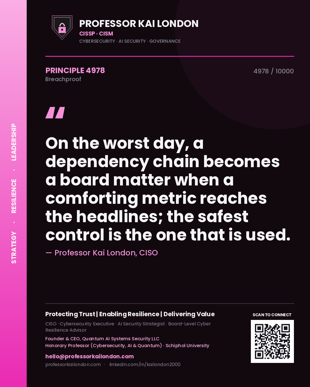 Quote card by Professor Kai London reading 'On the worst day, a dependency chain becomes a board matter when a comforting metric reaches the headlines; the safest control is the one that is used.'. From the book Breachproof.