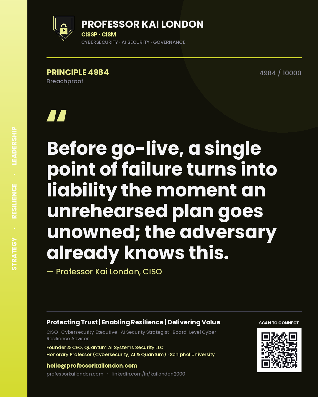 Quote card by Professor Kai London reading 'Before go-live, a single point of failure turns into liability the moment an unrehearsed plan goes unowned; the adversary already knows this.'. From the book Breachproof.