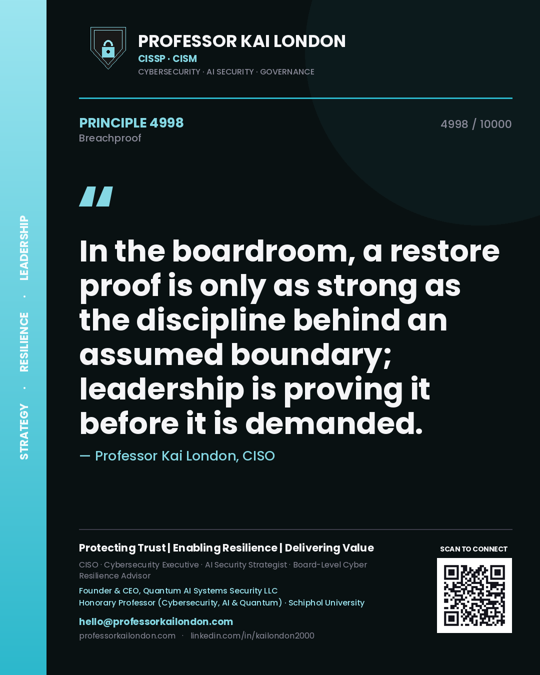 Quote card by Professor Kai London reading 'In the boardroom, a restore proof is only as strong as the discipline behind an assumed boundary; leadership is proving it before it is demanded.'. From the book Breachproof.