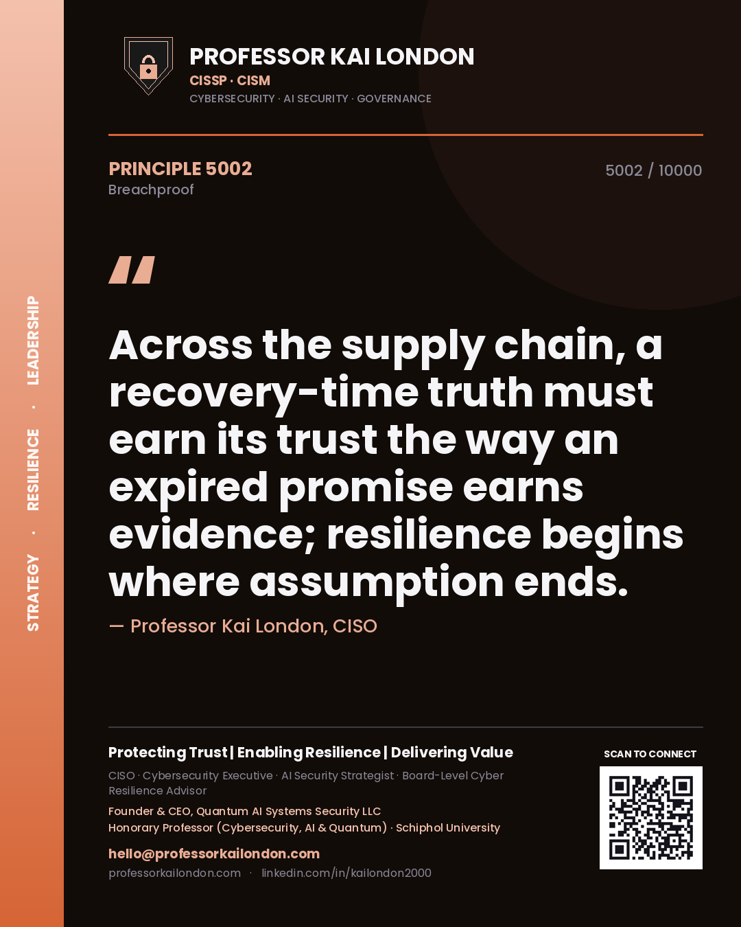 Quote card by Professor Kai London reading 'Across the supply chain, a recovery-time truth must earn its trust the way an expired promise earns evidence; resilience begins where assumption ends.'. From the book Breachproof.