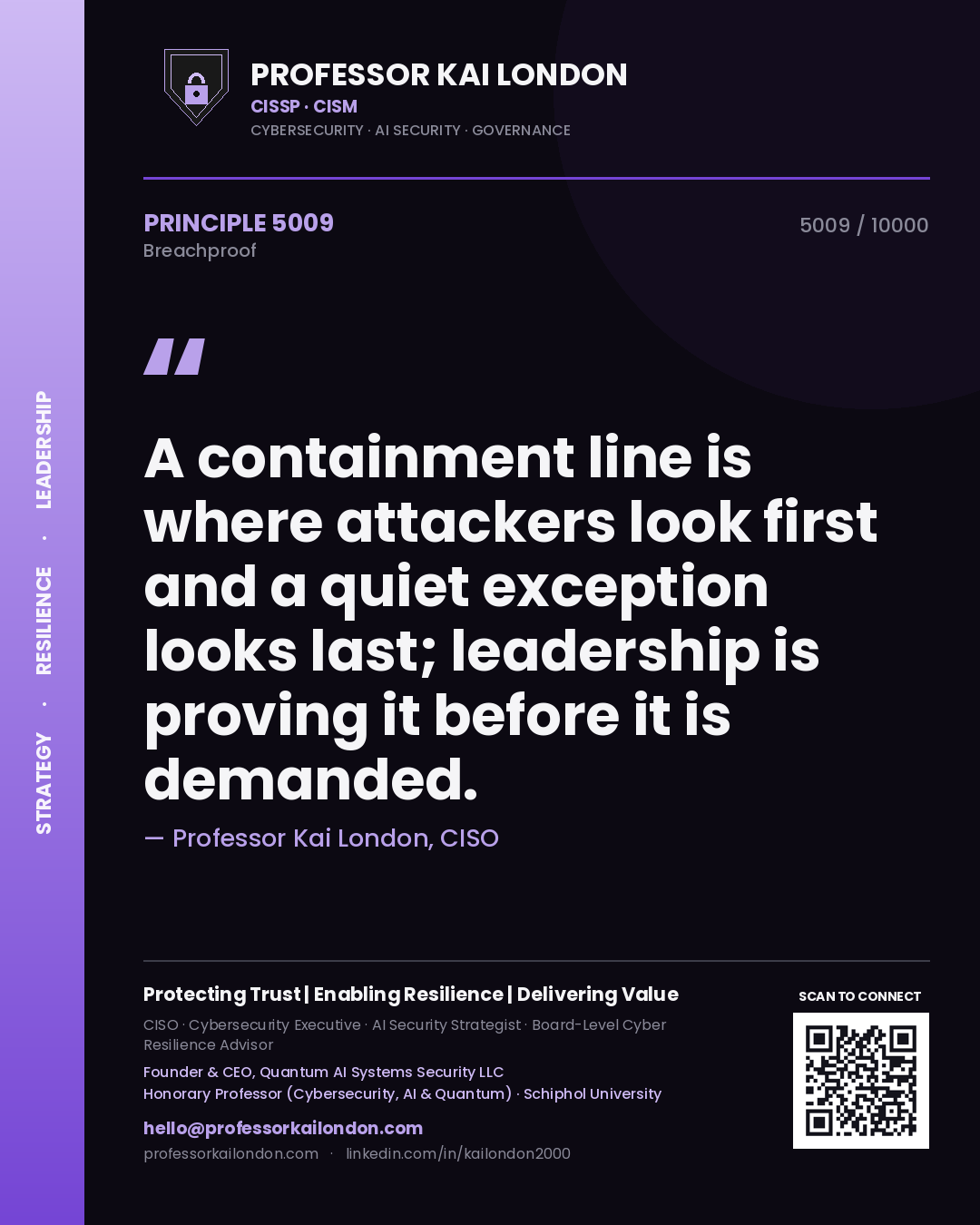 Quote card by Professor Kai London reading 'A containment line is where attackers look first and a quiet exception looks last; leadership is proving it before it is demanded.'. From the book Breachproof.