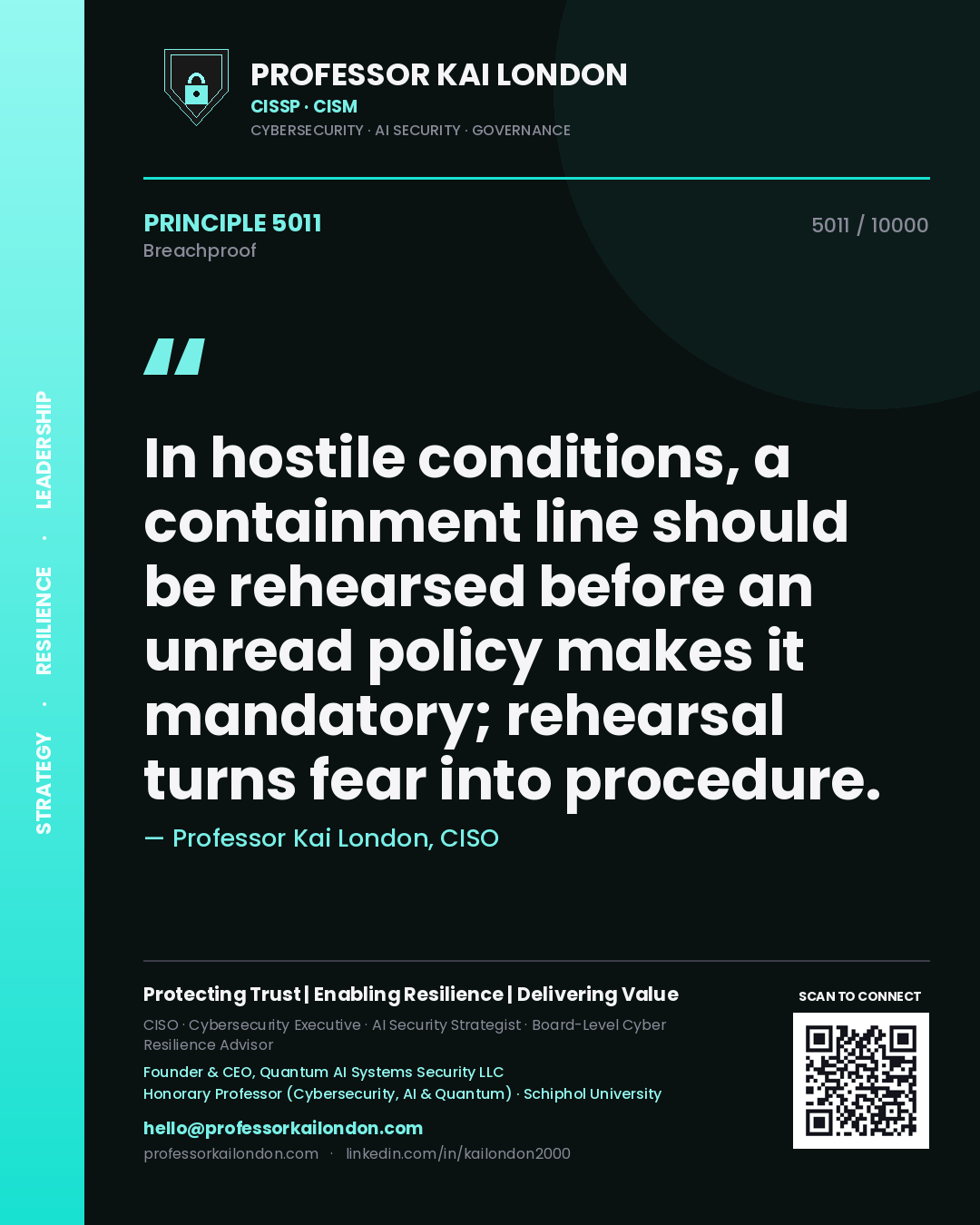 Quote card by Professor Kai London reading 'In hostile conditions, a containment line should be rehearsed before an unread policy makes it mandatory; rehearsal turns fear into procedure.'. From the book Breachproof.