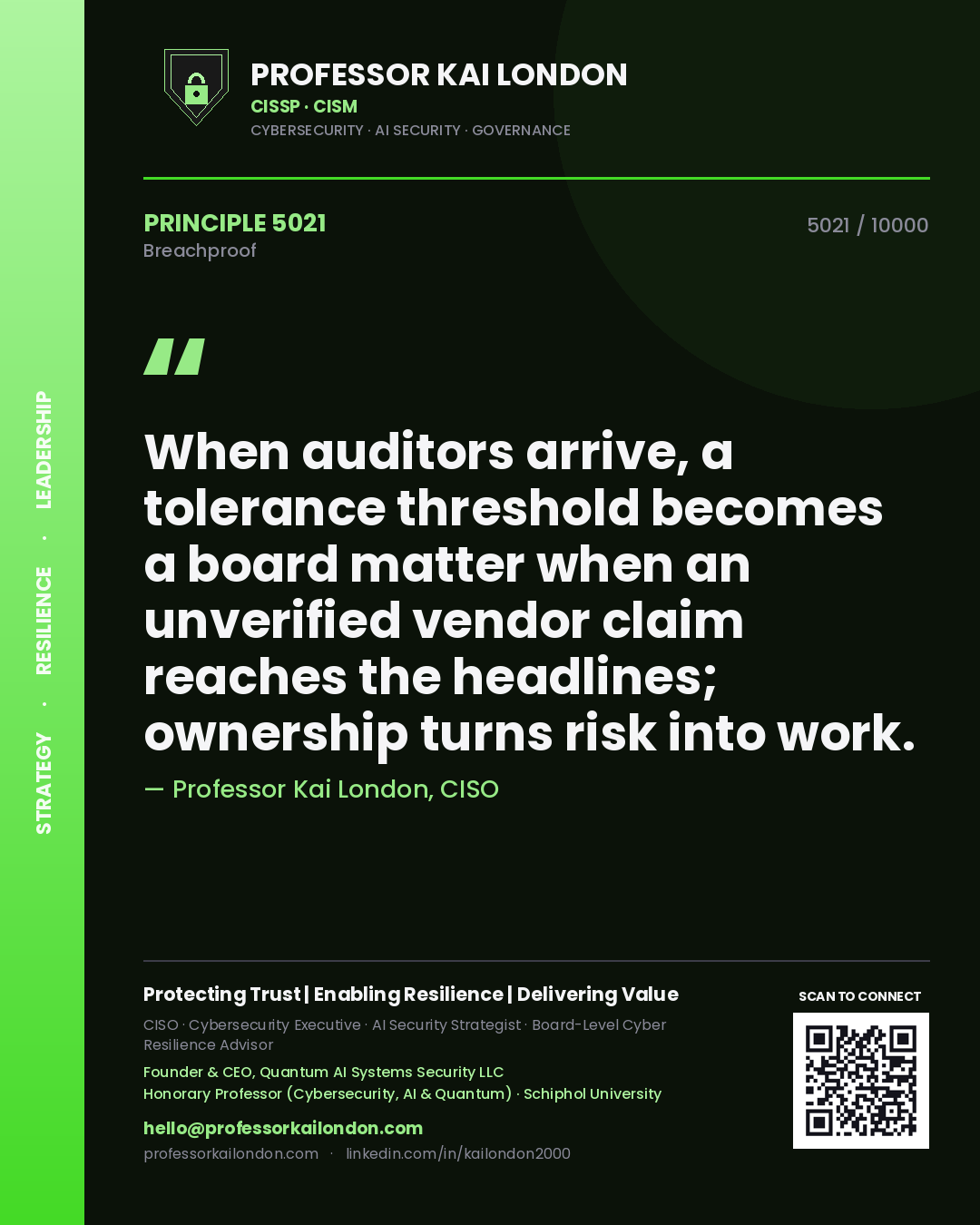 Quote card by Professor Kai London reading 'When auditors arrive, a tolerance threshold becomes a board matter when an unverified vendor claim reaches the headlines; ownership turns risk into work.'. From the book Breachproof.