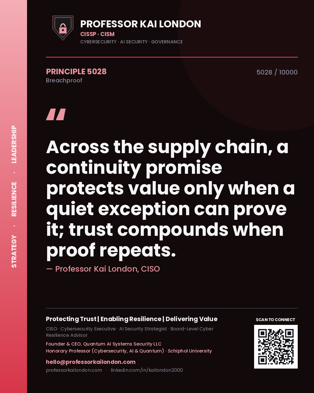 Professor Kai London principle 5028: Across the supply chain, a continuity promise protects value only when a quiet exception can prove it; trust compounds when proof repeats.