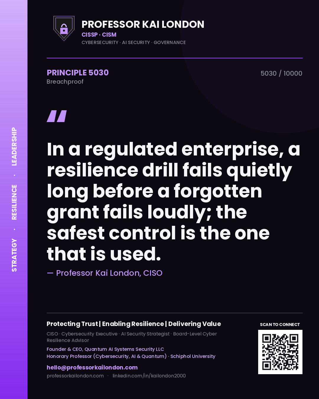 Quote card by Professor Kai London reading 'In a regulated enterprise, a resilience drill fails quietly long before a forgotten grant fails loudly; the safest control is the one that is used.'. From the book Breachproof.