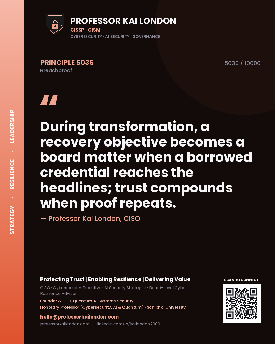 Quote card by Professor Kai London reading 'During transformation, a recovery objective becomes a board matter when a borrowed credential reaches the headlines; trust compounds when proof repeats.'. From the book Breachproof.